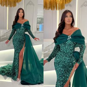 Glamorous Mermaid Prom Dresses Off Shoulder Long Sleeves Shining Sequined Side Split with Tulle Court Gown Custom Made Plus Size Party Dress Vestido De Noite