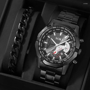Relógios de pulso 2 peças relógio de quartzo preto com pulseira de corrente cubana masculino casual empresarial pulseira de aço inoxidável data automática C