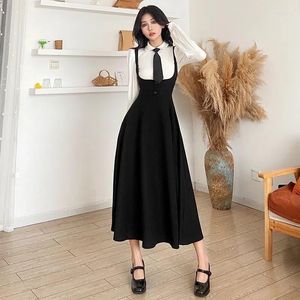 Vestidos casuais estilo formal preto vestido longo terno estudantes meninas manga camisa gravata branca uniforme japonês feminino suspenso outono