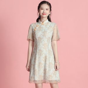 الدانتيل ذو اللون المزدوج المحسّن Cheongsam قصير الأكمام ، فستان Cheongsam Cheongsam ، ملابس صيفية جديدة للسيدات