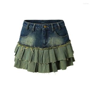 Skirts Summer Vintage Denim Mini Skirt Women's Korean Street Wear Y2k High Waist A-line Perforated Pleated Gothic 2023