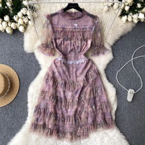 2023 Casual Dresses Summer French Vintage Hollow Out Mesh Lace Patched Sequin A-line Dress Women's Summer New Fasion Thin Party Elegant