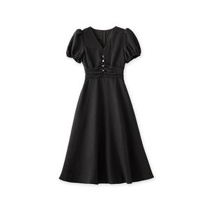 2023 Summer Black Solid Color Dress Short Sleeve V-Neck Buttons Knee-Length Casual Dresses W3L045602