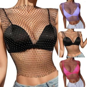 Kamisoslar Tankları Kadınlar Seksi Rhinestone Mesh Tank Toplar Elmas Kırpma En Üstü Yaz Kısa Kadın Yüksek Boyun