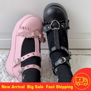 Scarpe eleganti Kawaii Lolita Platforms Scarpe Loli Devilian Bat Bowknot Fibbia a cuore Zeppe Demon Dark Goth Stivali punk Cosplay Loli Shoes 230705