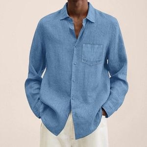 Camicie casual da uomo 2023 Camicia in lino di cotone Colletto rovesciato Manica lunga tinta unita Top allentato Primavera e autunno Bella moda