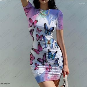 Casual Dresses 2023 Summer Fashion Selling Women's Butterfly 3D Printing Dress Sexy And Elegant Tight Round Neck Short Sleeve