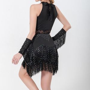 Abiti casual da donna Abito da ballo latino con paillettes in pizzo Nappa da sera per feste 2 maniche Abito da competizione elegante lucido