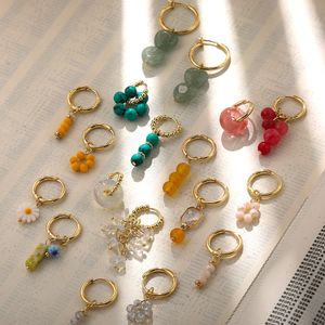 Stud Bohemian Handmade Natural Stone Beads Hoop Earrings for Women Golden Color Stainless Steel Circle Huggie Hoops Jewelry Bijoux 230706