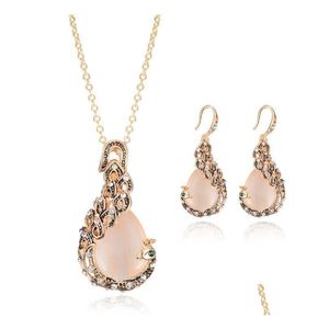 Schmuck Vintage Strass Braut Neue Mode Rose Gold Opal Kristall Pfau Halskette Ohrringe Schmuck Set Für Frauen Drop Dh0Db