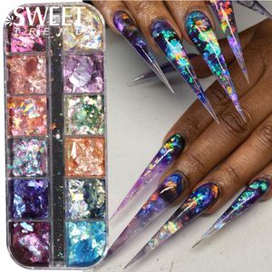 Nail Glitter 12 Grids Opal Dream Crystal Sequins Nail Flake Galaxy Iridescent Aurora 3D Paillette for Winter Autumn Manicure Decoration SWYFH 230705