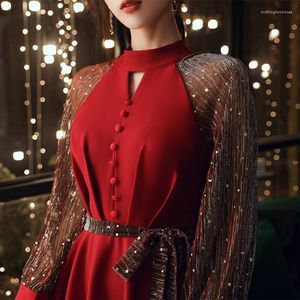 Casual Dresses Banquet Dress Sequin Long-sleeved Women Celebrity Elegant Sexy Women's Gold Velvet Night Club Wedding Clothing