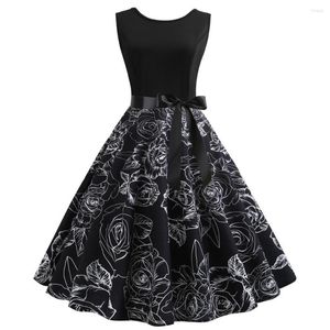 Fritidsklänningar Svart tryck Elegant Fest Sommar Kvinnor 50-tal 60-tal Retro Vintage Robe Rockabilly Klänning Strand Midi Vestidos