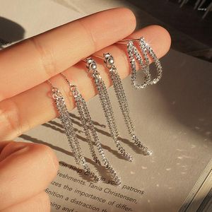 Kolczyki zwisają 925 Sterling Silver długie frędzle Sparkle Drop kolczyk Shine Ear Stud dla kobiet dziewczyna moda elegancja letnia biżuteria