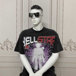 Tasarımcı Moda Giyim Tees Tişörleri Hellstar Amerikan High Street Moda Marka Özet Karakter Pentagram Baskılı Eski Gevşek Kısa Kollu Tshirt Erkek Rock