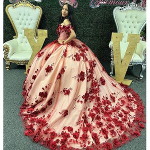 2023 Sexy Quinceanera Dresses Off The Shoulder Dark Red Burgundy Tulle Ball Gown 3D Floral Flowers Chapel Train Crystal Beads Corset Back For Sweet 15 Girls Party Wear