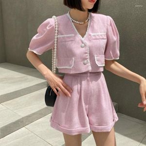 Women's Tracksuits 2023 Summer Pink Tweed Outfits Elegant Crop Top & Elastic Waist Shorts Korean Fashion Casual Female 2 Piece Sets