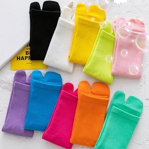 Women Socks Ribbed Cotton Split Toe Tabi Crew Harajuku Neon Solid Color Skateboard Flip Flop Sandal Mid Tube Hosiery