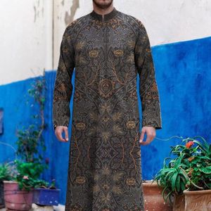 Abbigliamento etnico Medio Oriente Uomini Jubba Thobe Musulmano Ramadan Robe Moda Stampa Stand Collare Caftani Arabia Saudita Islamico Musulman