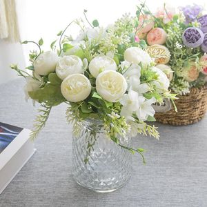 Dekoratif Çiçekler Yapay Pembe Beyaz Şakayık Buketi Düğün Dekorasyon Peonies Sahte Ev Dekoru İpek Hydrangeas Çiçek