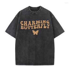 Men's T Shirts Charming Butterfly Letter Cute Print T-Shirt Men Fashion Washed Cotton Tee Clothes Summer Hip Hop T-Shirts Oversized Casual