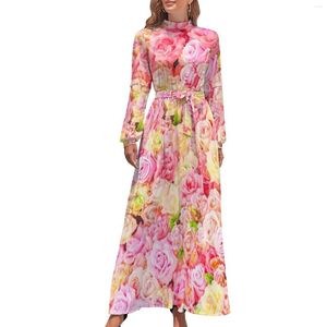 Casual Dresses Pink Flower Print Dress Long Sleeve Rose Garden Cute Maxi High Waist Aesthetic Custom Bohemia Birthday Gift