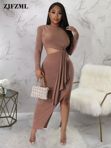 Casual Dresses Waist Band Cut Out Body-shaping For Women Long Sleeve Side High Split Cocktail Dress Simple Draped Front Bodycon