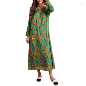Etniska kläder Ankomst Muslim Fritidskläder Grön Blommig Klänning För Kvinnor Klassisk V-ringad Långa ärmar Lös Kaftan Islam Arab Turkiet Femme