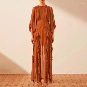 Casual Dresses Elegant Ruffled Edge Women Dress Fashion O-neck Long-sleeved Pleated Simple Style Summer Solid