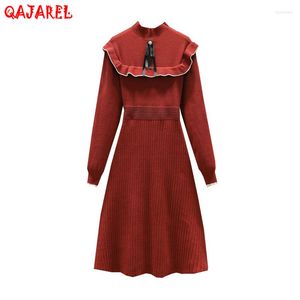 Casual Dresses Women Red Knitted Cotton Thick Warm Midi Dress Autumn Winter Black Korean Vintage Hepburn 2023 Elegant Evening