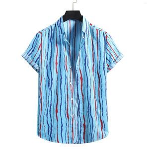 Men's Casual Shirts Stripe Handsome Men Fashion Cotton Linen Print Short Sleeve Button Shirt Red Blue Yellow Blouse Top Cardigan