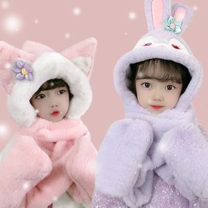 Boys and girls cute autumn and winter hats, scarf gloves, 3-piece set, plush outdoor hood, children's all-in-one hat