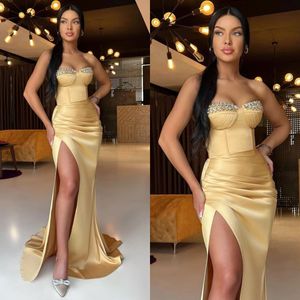 Sexy Gold Sheath Prom Dresses Beads Sweetheart Evening Gowns Pleats Side Slit Formal Long Special Occasion Party dress