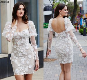 Vintage removível puff mangas compridas princesa vestidos de casamento bainha sexy sem costas com pequenas flores 3d feitas à mão noiva recepção vestidos de festa mini robes CL2535