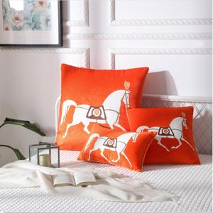 ブランドクッション/装飾枕オレンジリビングルームソファ装飾ケース刺繍馬クッションカバー寝室ベッドサイド正方形スロー枕カバー