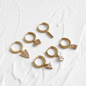 Baumelnde Ohrringe, einzigartige Designs, luxuriöser CZ-Zirkonia-Herz-Schild-Verschluss für Frauen, minimalistischer goldfarbener Kupfer-Reifenschmuck
