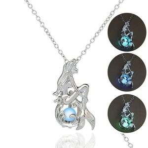 Medaillons Luxus im Dunkeln leuchtende Meerjungfrau-Halsketten Leuchtende hohle Perlenkäfig-Anhänger-Halskette für Frauen Damenmode Leuchtendes Juwel Dhuol