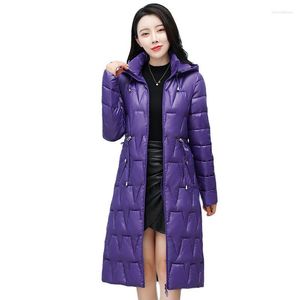 女性のトレンチコート女性の冬のフード付きビッグポケットロング光沢のある防風暖かいコートフグジャケット綿パッド入りパーカーオーバーコート