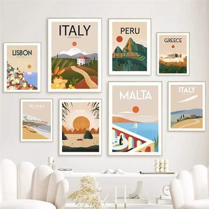 World City Minimalist Vintage Landscape Canvas Painting Posters Travel City Poster And Print Wall Art Living Home Decor Steert Bar Cafe Unframed