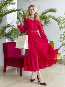 Casual Dresses Ruffle Long Sleeve Chiffon Evening Dress Blue Red Pink Pleated Maxi Prom Elegant Summer With Belt For Women