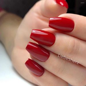 False Nails 24Pcs Short Ballerina Coffin Fake Shiny Wine Red Artificial Press On Full Cover Finger Tips Manicure Tool