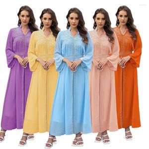 Etnik Giyim Arap Cüppeler Orta Doğu Kaftan Abaya Moda Rhinestones Kemer Şifon Elbise Lüks Uzun Kollu Günlük Dubai Gowns