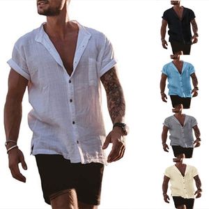 Yaz erkekler rahat gömlekleri katı pamuk kenevir hırka gevşek kısa kollu cep basit moda gömlek