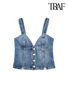 Women's Tanks Camis TRAF Women Fashion With Sweetheart Neck Front Button Denim Tank Tops Vintage Backless Elastic Straps Female Camis Mujer 230705