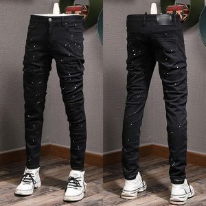 ペイントダメージジーンズマンディストレストパッチスキニーフィットブラックヴィンテージバイカーフィットDenim2022