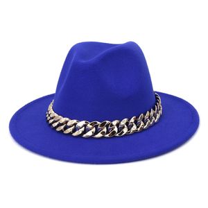 Kapelusz fedora z szerokim rondem z grubym złotym łańcuszkiem zimowa jesień Panama filcowa czapka jazzowa Vintage Men Church formalne kapelusze