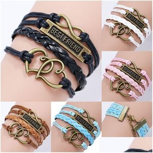 Charm Bracelets Classic Best Friend Letter For Women Men Braided Leather Rope Double Heart Infinity Wrap Bracelet Friendship Jewelry Dhshl