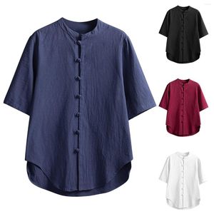 Fritidsskjortor för män Enfärgad skjorta med knappar Litterär traditionell Tang-kostym Kortärmad japansk Kimono Samurai-kläder Yukata-jacka