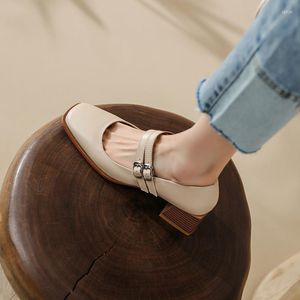 Dress Shoes 2023 Genuine Leather Mary Jane Women's LEISURE Buckle Shallow Pumps Square Toe Thick Heel Woman Zapatos De Mujer