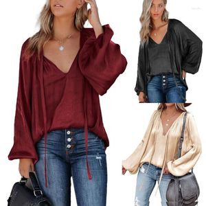 Women's Blouses Style Long Sleeve TShirts Stain V Neck Tees Causal Loose Tunics Tops